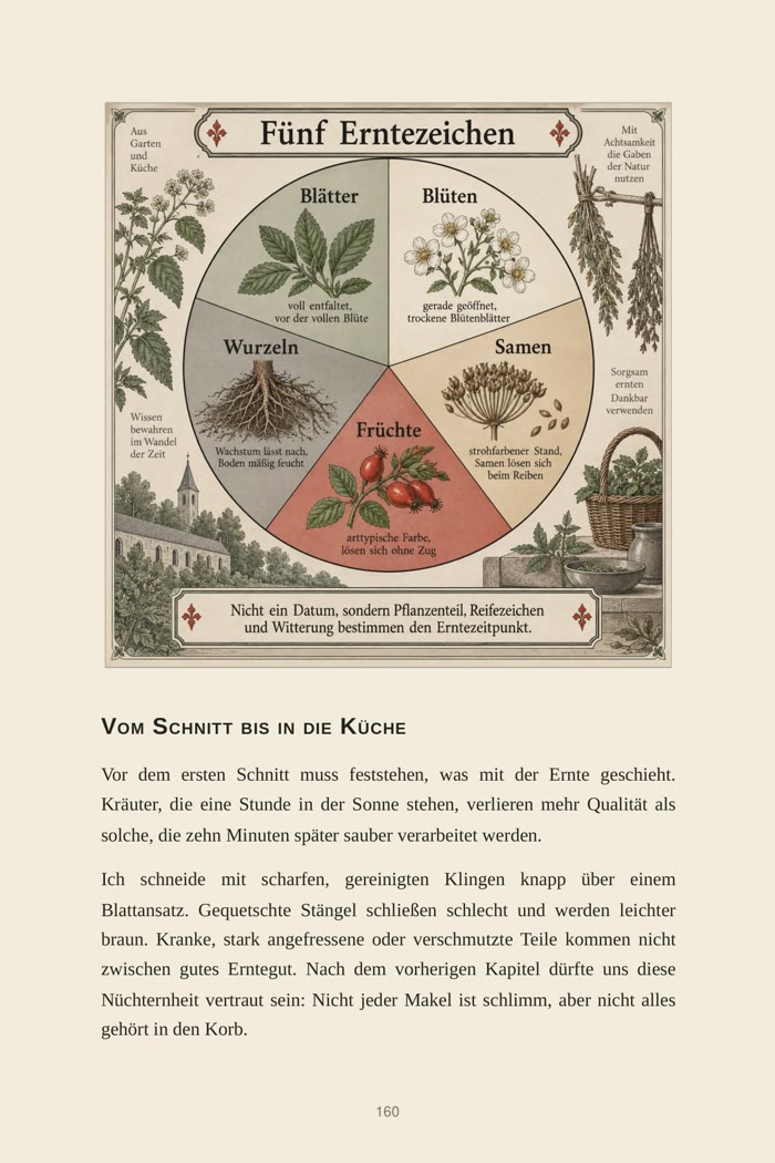 Buchseite: Schaubild „Fünf Erntezeichen“ für Blätter, Blüten, Wurzeln, Samen und Früchte