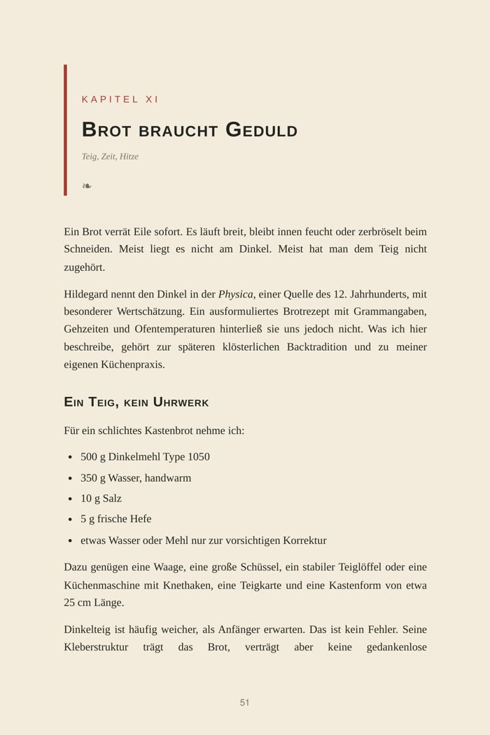 Buchseite: Kapitel „Brot braucht Geduld“ mit Zutatenliste für ein Kastenbrot